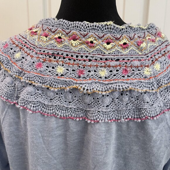 Free People Top Womens Blue Crochet Embroidered Henley Boho Tunic Shirt - Picture 6 of 11